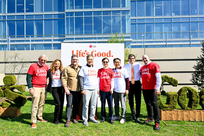 John Taylor, VP of Public Affairs and Communications, LG Electronics; Beth Meyer, VP, Social Impact Partnership at Discovery Education; naturalist Dave Mizejewski of National Wildlife Federation; Chris Jung, President and CEO of LG Electronics& North America, Mayor Mark Park, of Englewood Cliffs; Chulho Huh, VP, Corporate Marketing, LG Electronics; Mayor Mark Sokolich, of Fort Lee; and Louis Giagrande, Head of Marketing, LG Electronics, left to right, attend Life's Good Earth Day Community Fair, Monday, April 22, 2024, at the LG Electronics North American Innovation Campus in& Englewood Cliffs, NJ.  The event hosted a range of activities that highlighted the importance of sustainable practices -  including an e-waste drive and the unveiling of the new pollinator garden at LG's headquarters. (Diane Bondareff/AP Images for LG Electronics)