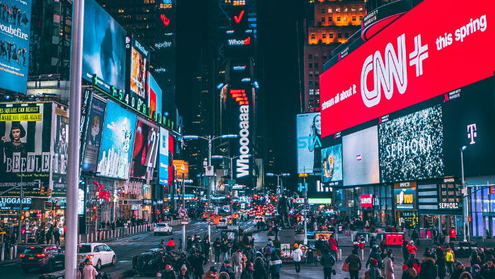 Advertisement for CNN+ streaming in Times Square