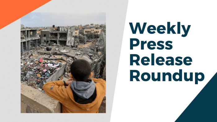 Weekly Press Release Roundup; photo of a child overlooking destruction in Gaza