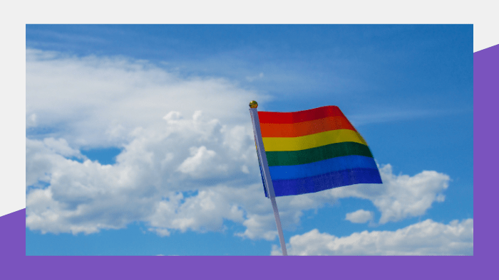 Person holding a rainbow flag under blue sky and clouds