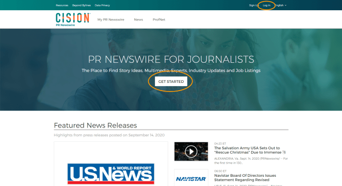 Screenshot of the PR Newswire for Journalists homepage with the "get started" button circled