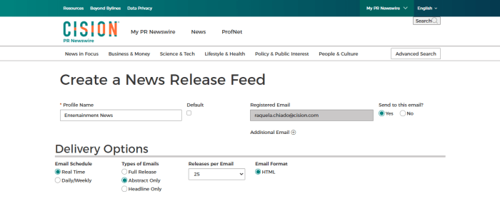 Screenshot - PR Newswire for Journalists Create a News Release Feed