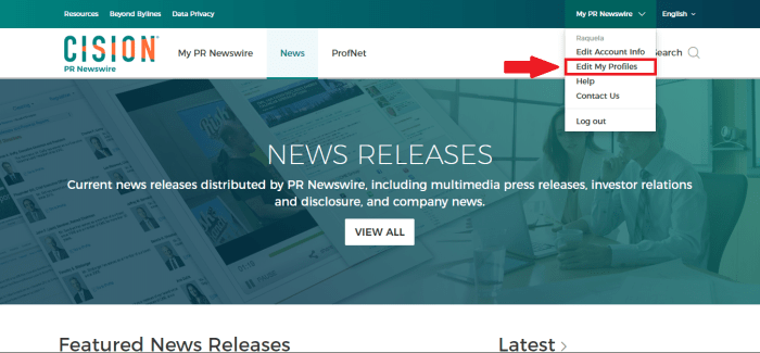 PR Newswire for Journalists - Edit My Profiles screenshot