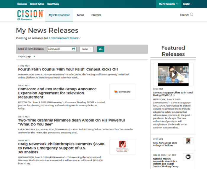 PR Newswire for Journalists - My News Releases screenshot