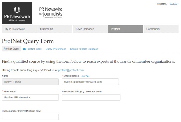 Step 1: Fill out ProfNet Query Form. (Click image to view larger version.)