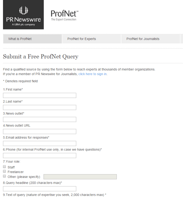 ProfNet Query for Journalists